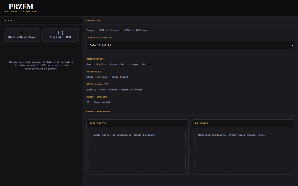 PRZEM Builder interface: image and JSON intake, target MJ version selector, and capability-aware parameter panel