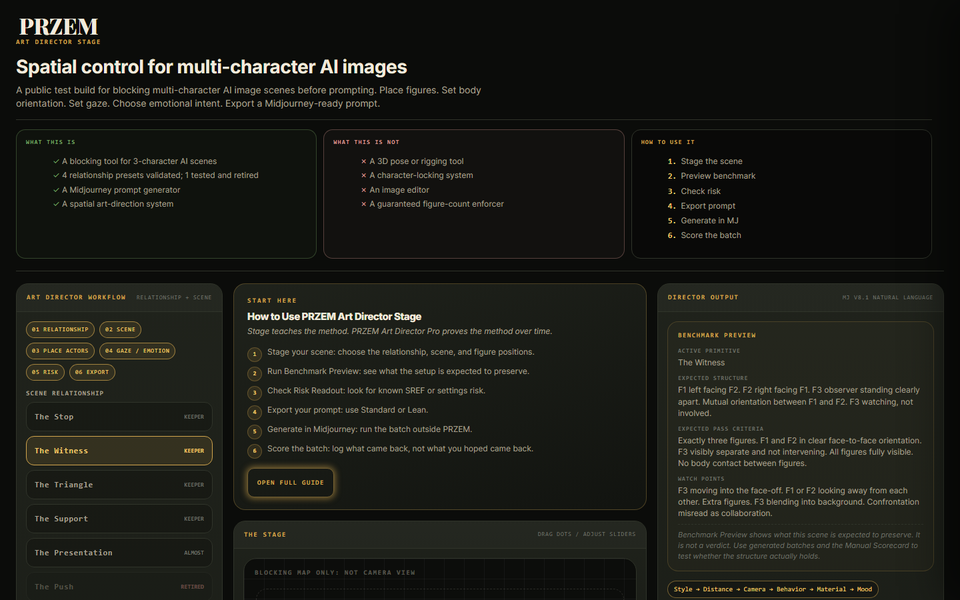 PRZEM Art Director Stage interface: scene composition and blocking editor